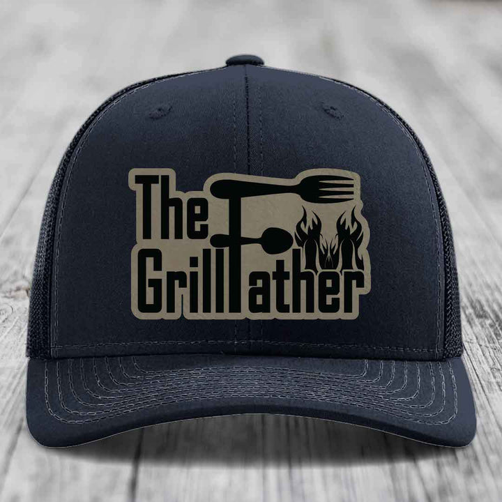 The Grillfather - Leather Patch Hat - Light Brown to Black Patch - Richardson 112 Snapback Trucker Hat