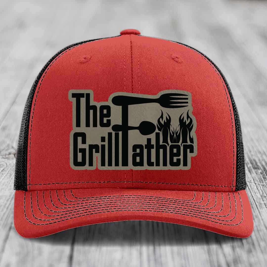 The Grillfather - Leather Patch Hat - Light Brown to Black Patch - Richardson 112 Snapback Trucker Hat