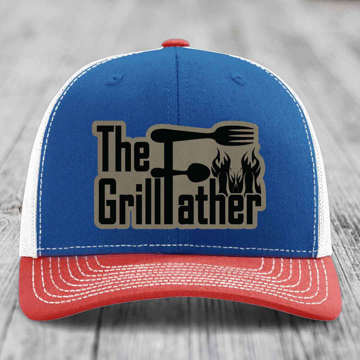 The Grillfather - Leather Patch Hat - Light Brown to Black Patch - Richardson 112 Snapback Trucker Hat