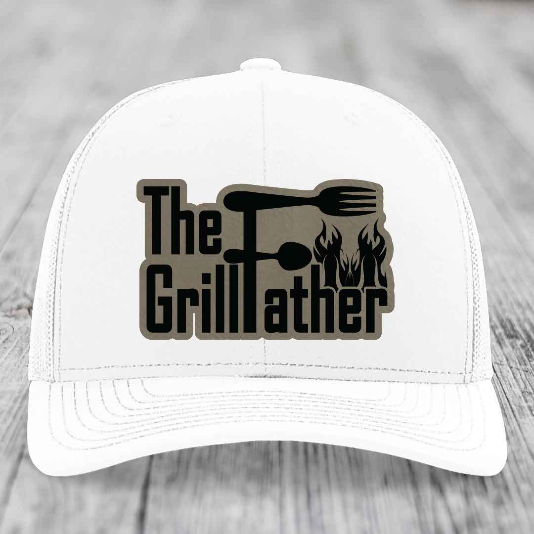 The Grillfather - Leather Patch Hat - Light Brown to Black Patch - Richardson 112 Snapback Trucker Hat