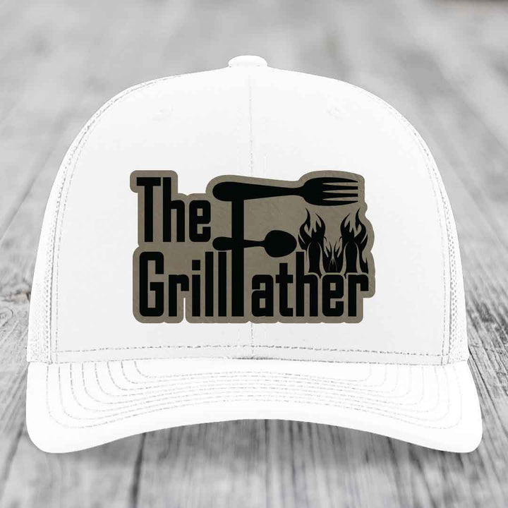 The Grillfather - Leather Patch Hat - Light Brown to Black Patch - Richardson 112 Snapback Trucker Hat