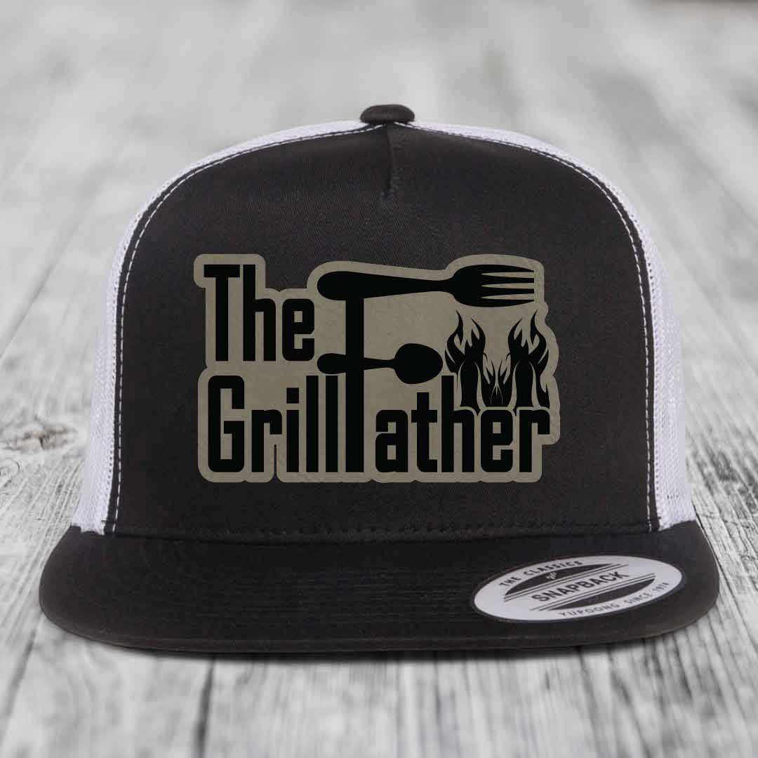 The Grillfather - Leather Patch Hat - Light Brown to Black Patch - Yupoong 6006 Snapback Flatbill Hat