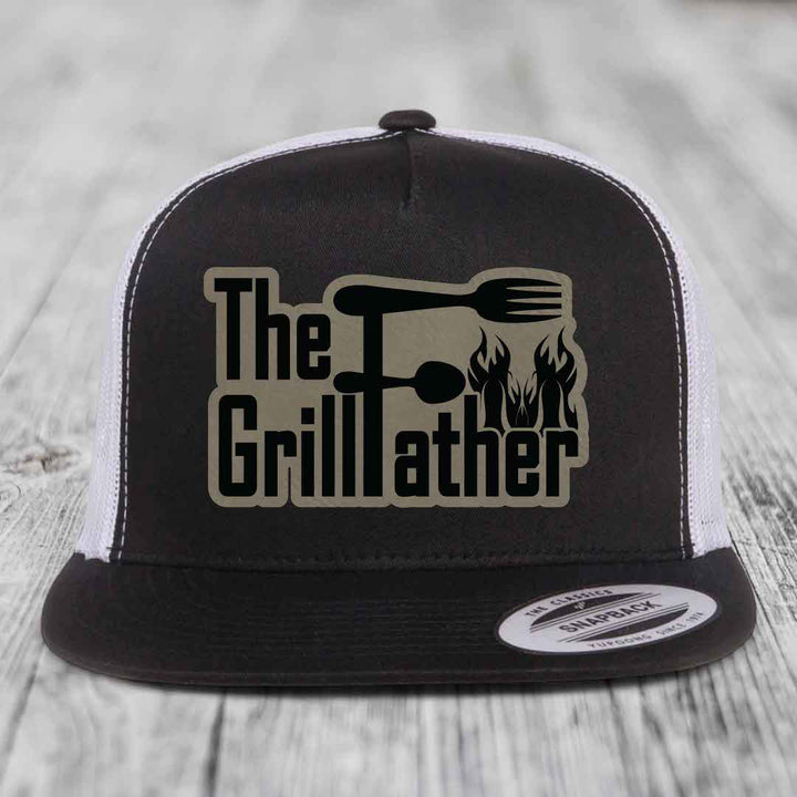 The Grillfather - Leather Patch Hat - Light Brown to Black Patch - Yupoong 6006 Snapback Flatbill Hat