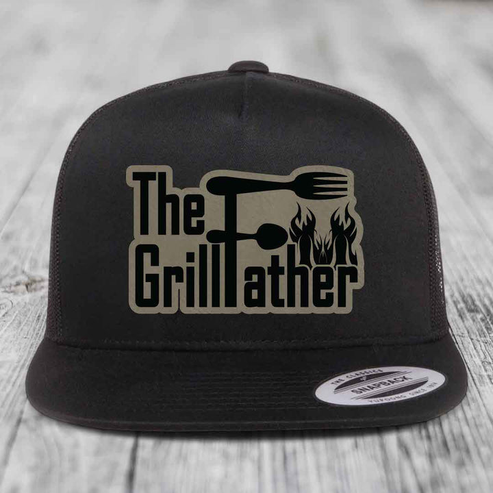The Grillfather - Leather Patch Hat - Light Brown to Black Patch - Yupoong 6006 Snapback Flatbill Hat