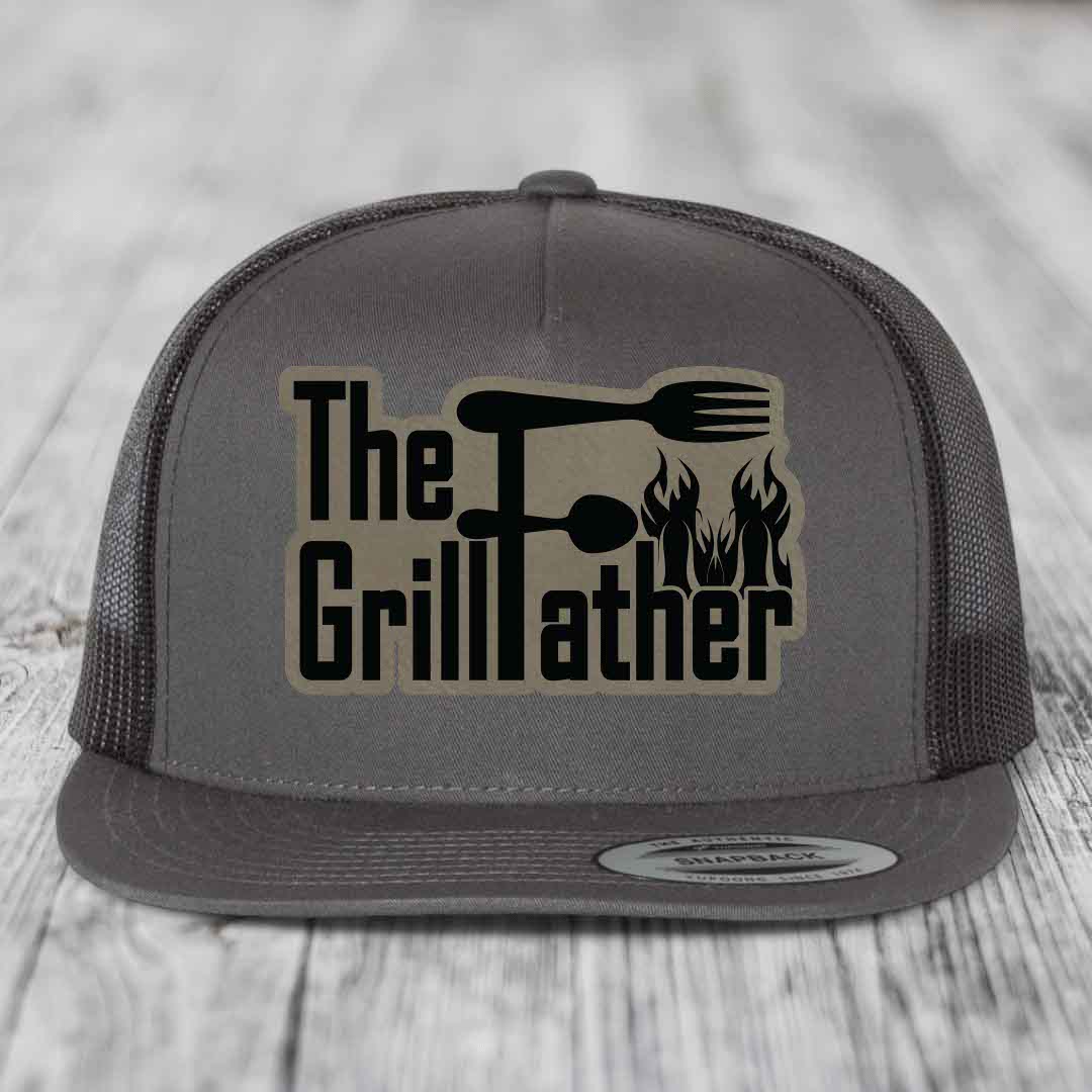 The Grillfather - Leather Patch Hat - Light Brown to Black Patch - Yupoong 6006 Snapback Flatbill Hat