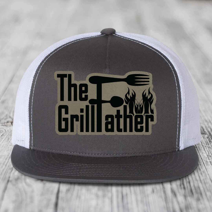 The Grillfather - Leather Patch Hat - Light Brown to Black Patch - Yupoong 6006 Snapback Flatbill Hat