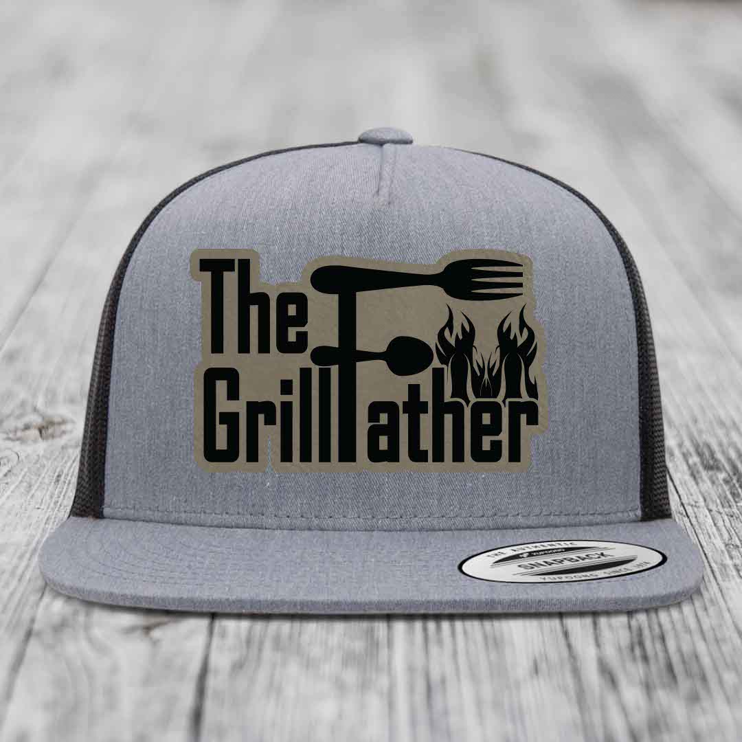 The Grillfather - Leather Patch Hat - Light Brown to Black Patch - Yupoong 6006 Snapback Flatbill Hat