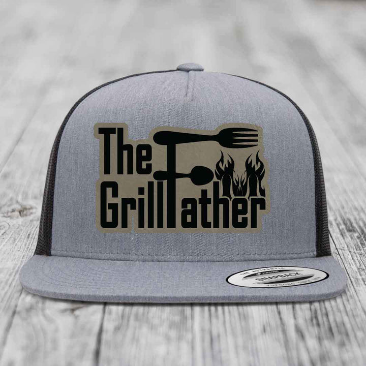 The Grillfather - Leather Patch Hat - Light Brown to Black Patch - Yupoong 6006 Snapback Flatbill Hat