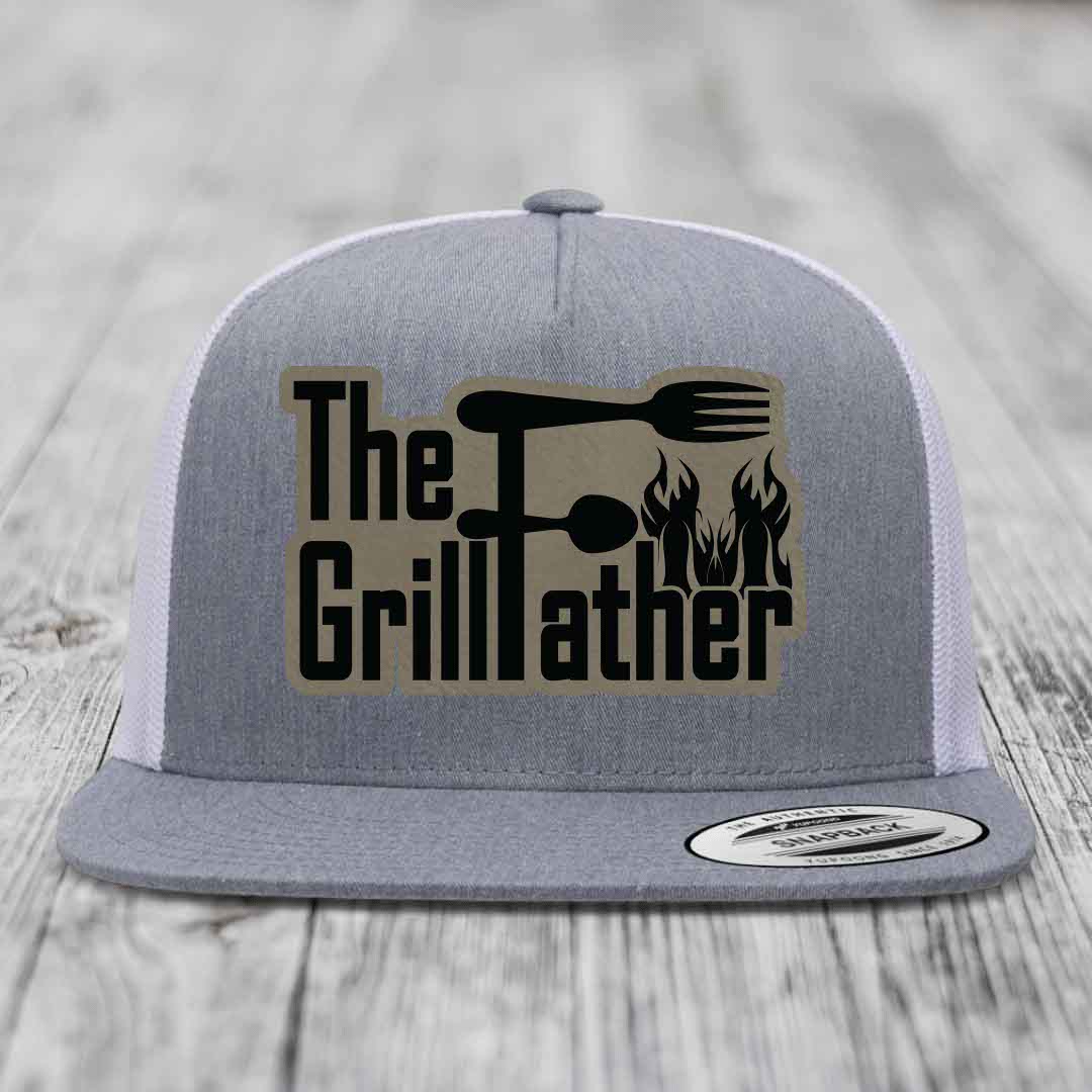 The Grillfather - Leather Patch Hat - Light Brown to Black Patch - Yupoong 6006 Snapback Flatbill Hat