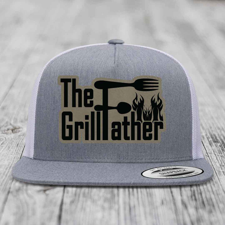 The Grillfather - Leather Patch Hat - Light Brown to Black Patch - Yupoong 6006 Snapback Flatbill Hat