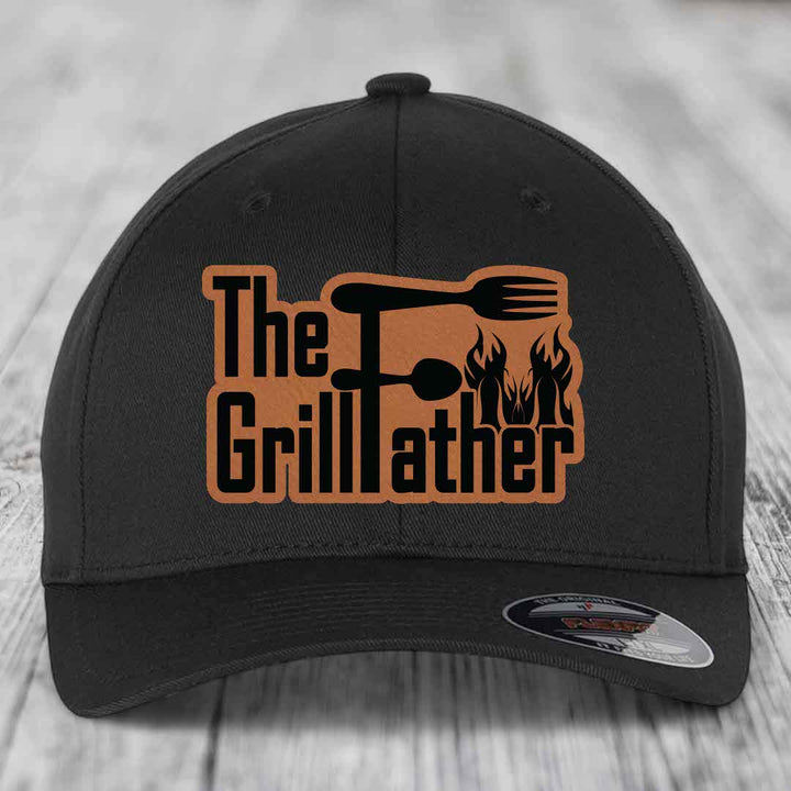The Grillfather - Leather Patch Hat - Rawhide to Black Patch - Flexfit 6277 Fitted Hat