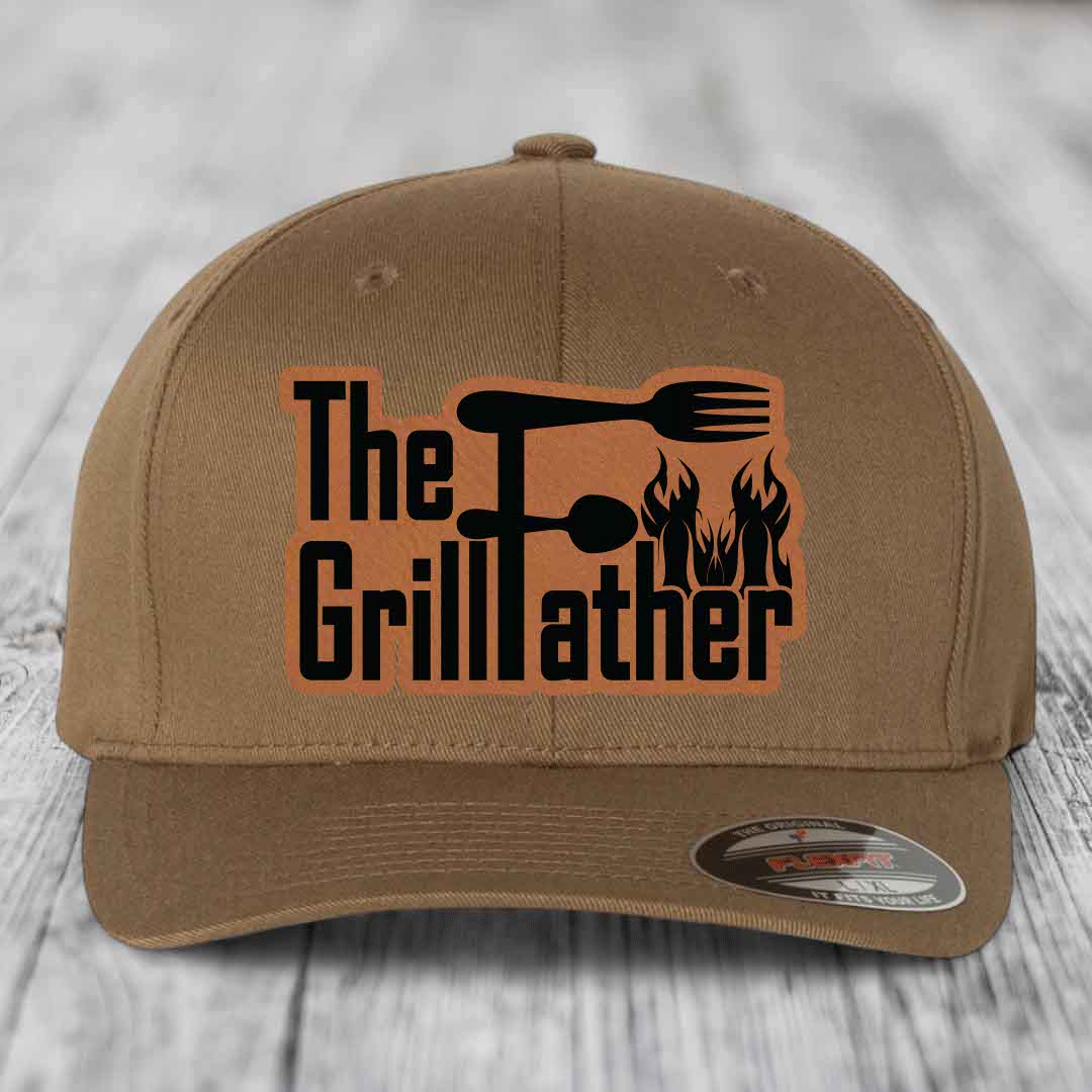 The Grillfather - Leather Patch Hat - Rawhide to Black Patch - Flexfit 6277 Fitted Hat