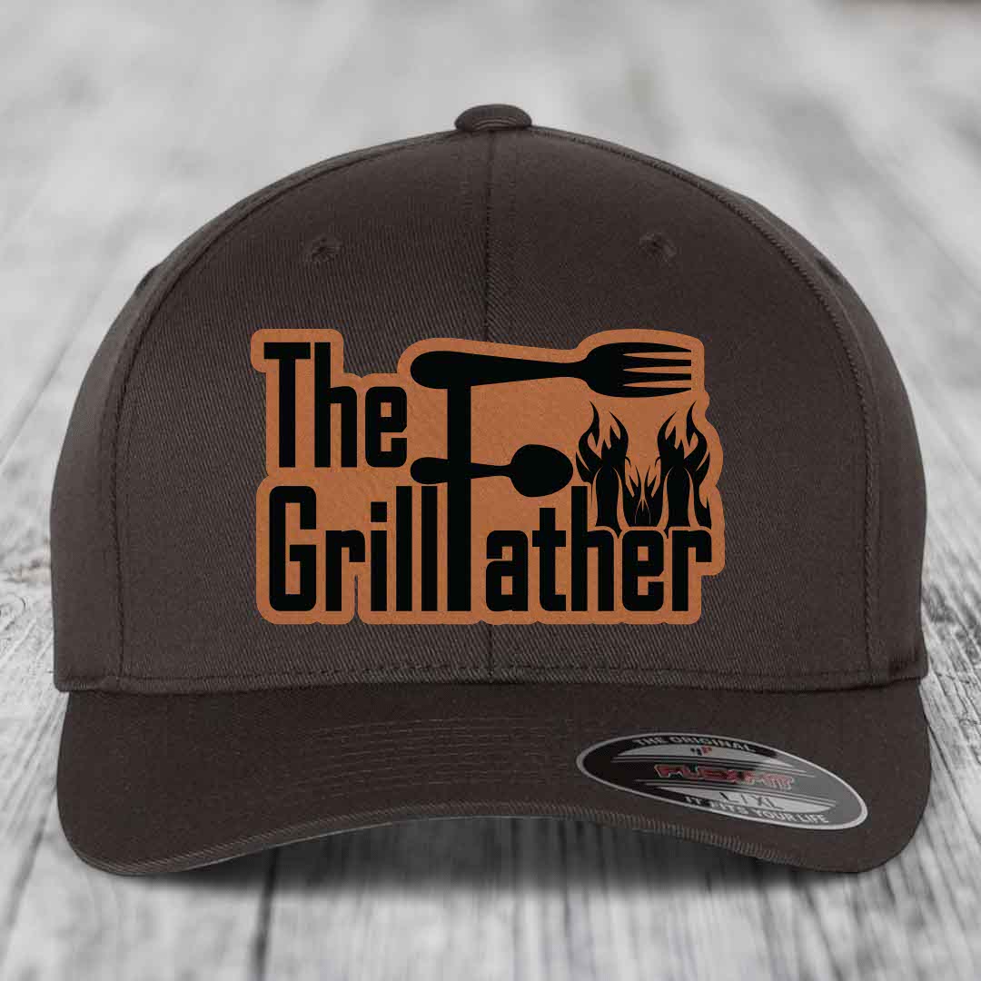The Grillfather - Leather Patch Hat - Rawhide to Black Patch - Flexfit 6277 Fitted Hat