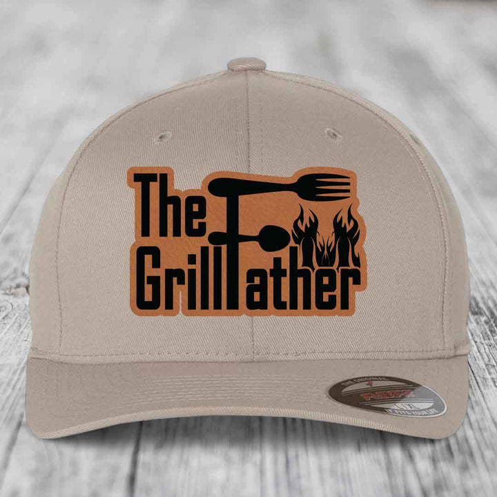 The Grillfather - Leather Patch Hat - Rawhide to Black Patch - Flexfit 6277 Fitted Hat