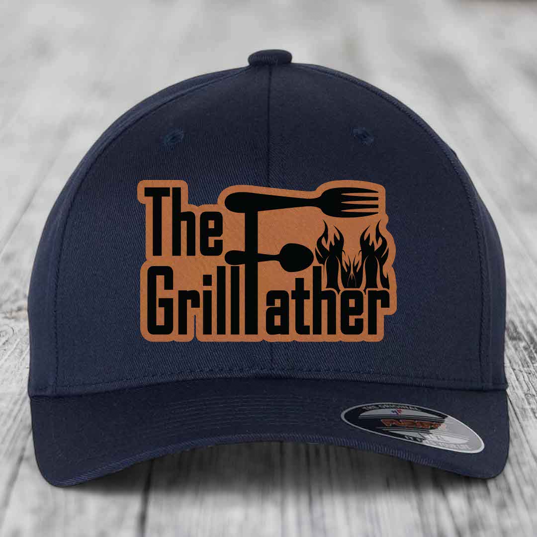 The Grillfather - Leather Patch Hat - Rawhide to Black Patch - Flexfit 6277 Fitted Hat