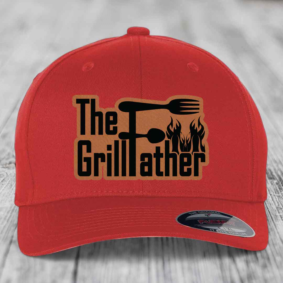 The Grillfather - Leather Patch Hat - Rawhide to Black Patch - Flexfit 6277 Fitted Hat