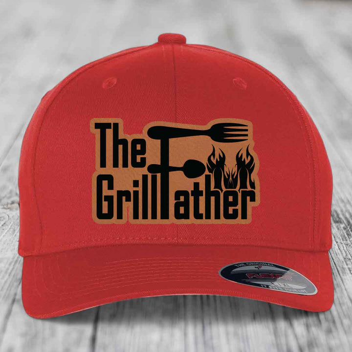 The Grillfather - Leather Patch Hat - Rawhide to Black Patch - Flexfit 6277 Fitted Hat