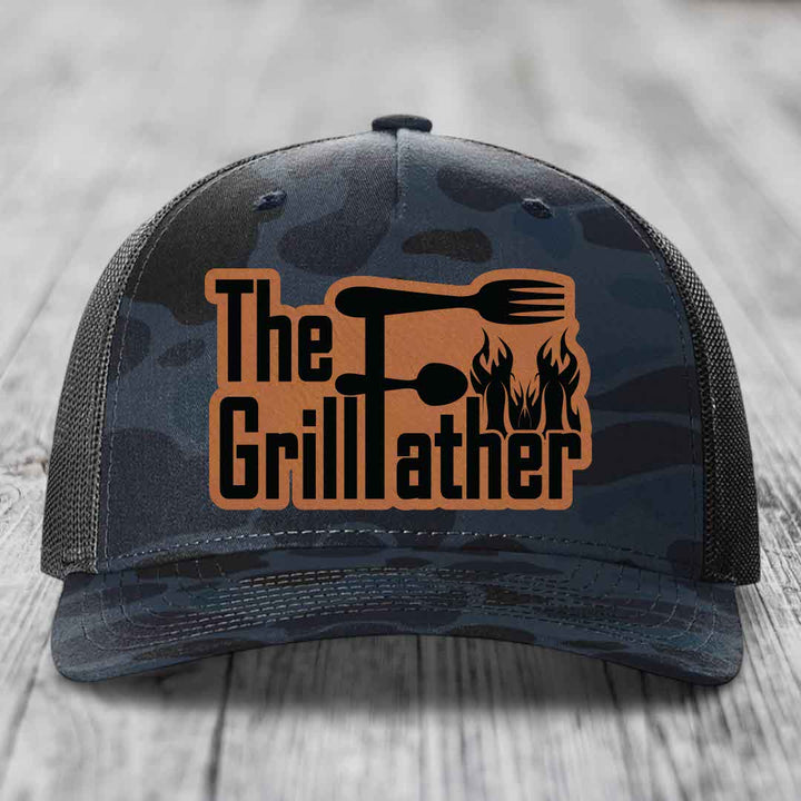 The Grillfather - Leather Patch Hat - Rawhide to Black Patch - Richardson 112PFP Snapback Trucker Hat