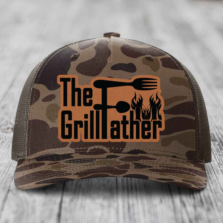 The Grillfather - Leather Patch Hat - Rawhide to Black Patch - Richardson 112PFP Snapback Trucker Hat