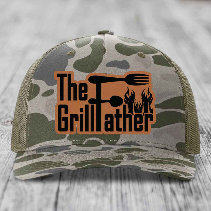 The Grillfather - Leather Patch Hat - Rawhide to Black Patch - Richardson 112PFP Snapback Trucker Hat