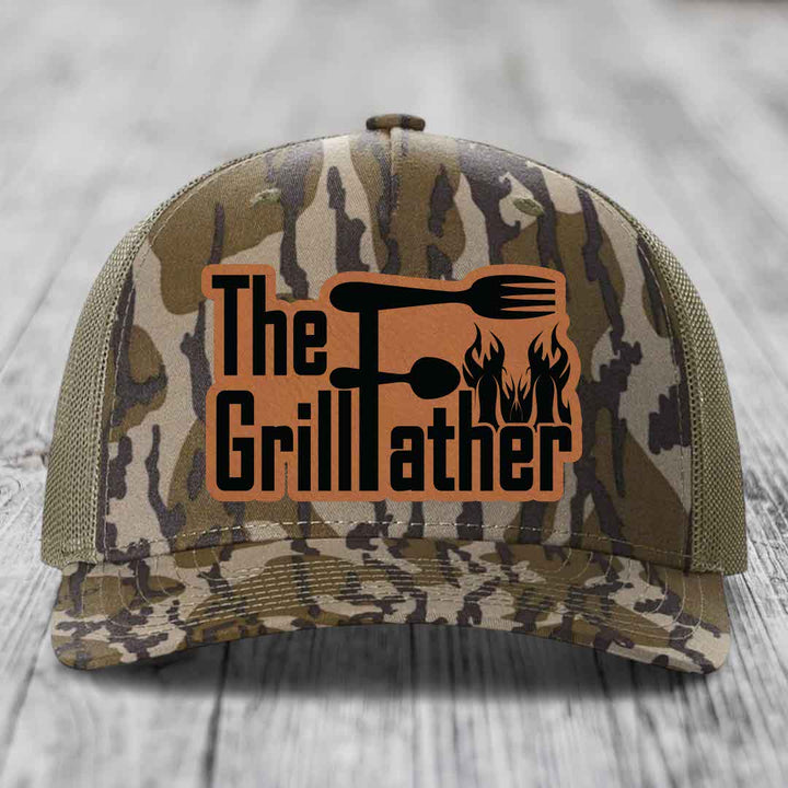 The Grillfather - Leather Patch Hat - Rawhide to Black Patch - Richardson 112PFP Snapback Trucker Hat