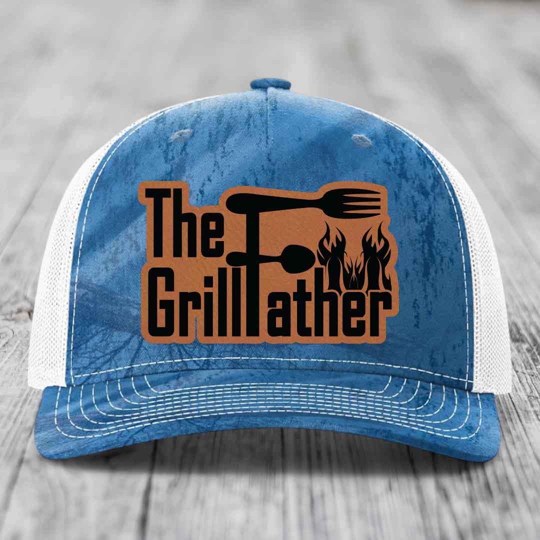 The Grillfather - Leather Patch Hat - Rawhide to Black Patch - Richardson 112PFP Snapback Trucker Hat