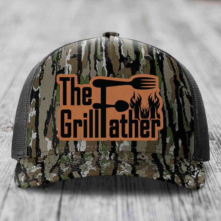 The Grillfather - Leather Patch Hat - Rawhide to Black Patch - Richardson 112PFP Snapback Trucker Hat