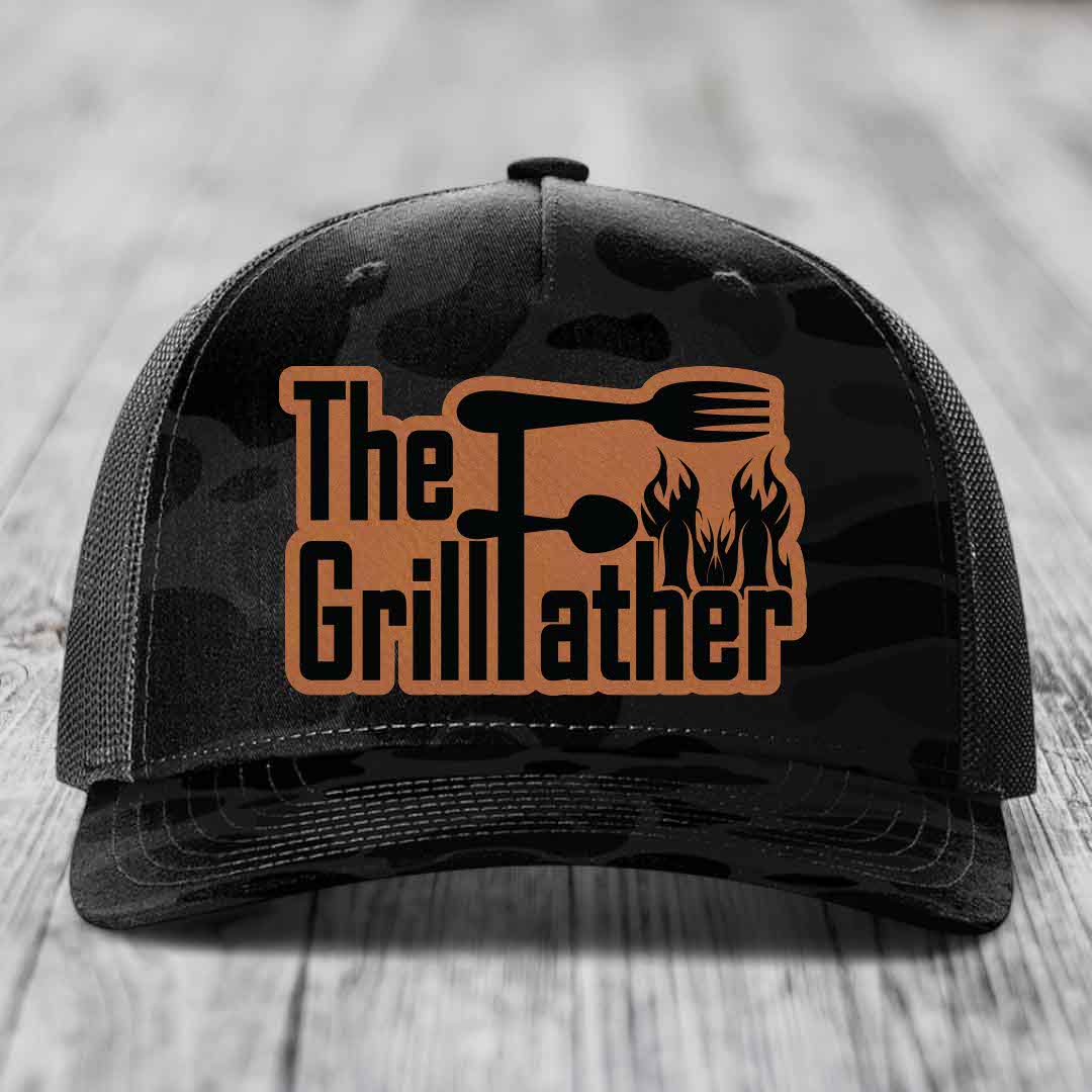 The Grillfather - Leather Patch Hat - Rawhide to Black Patch - Richardson 112PFP Snapback Trucker Hat