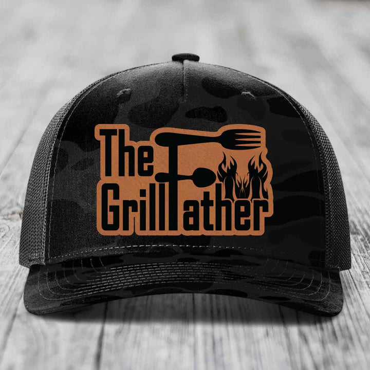 The Grillfather - Leather Patch Hat - Rawhide to Black Patch - Richardson 112PFP Snapback Trucker Hat