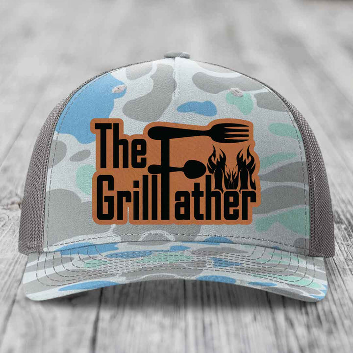 The Grillfather - Leather Patch Hat - Rawhide to Black Patch - Richardson 112PFP Snapback Trucker Hat