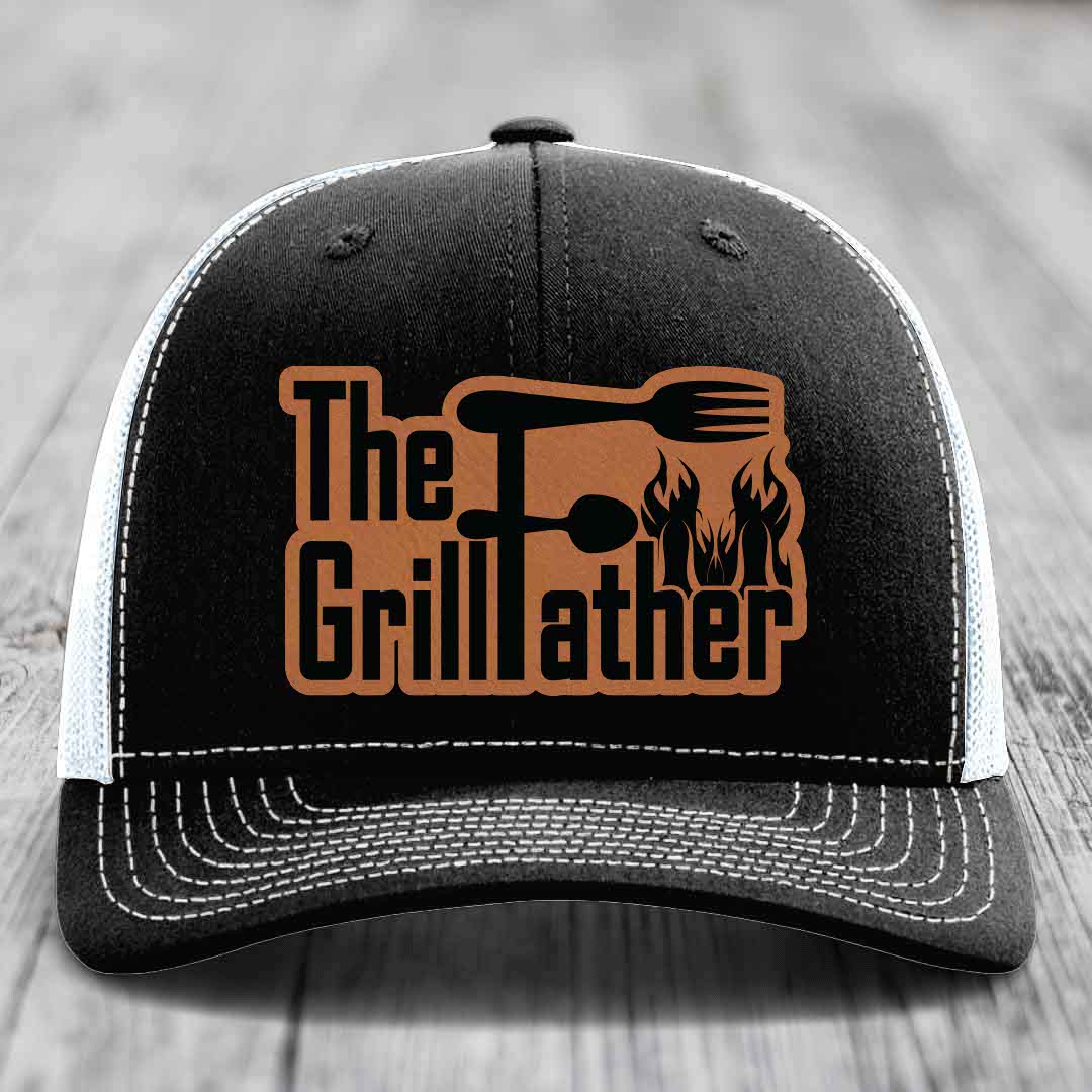 The Grillfather - Leather Patch Hat - Rawhide to Black Patch - Richardson 112 Snapback Trucker Hat