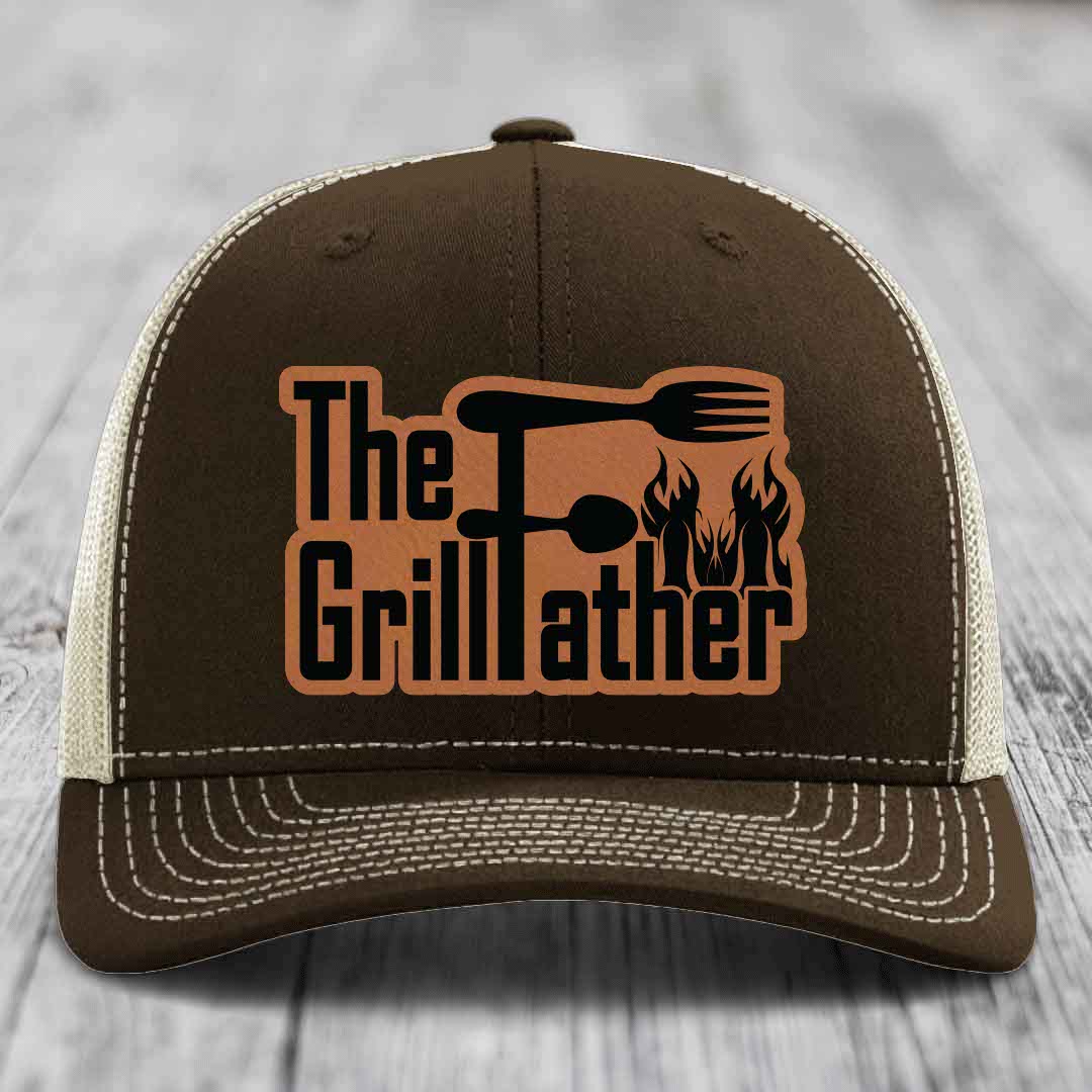 The Grillfather - Leather Patch Hat - Rawhide to Black Patch - Richardson 112 Snapback Trucker Hat