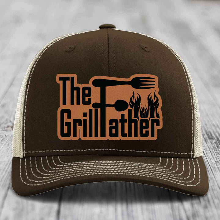 The Grillfather - Leather Patch Hat - Rawhide to Black Patch - Richardson 112 Snapback Trucker Hat