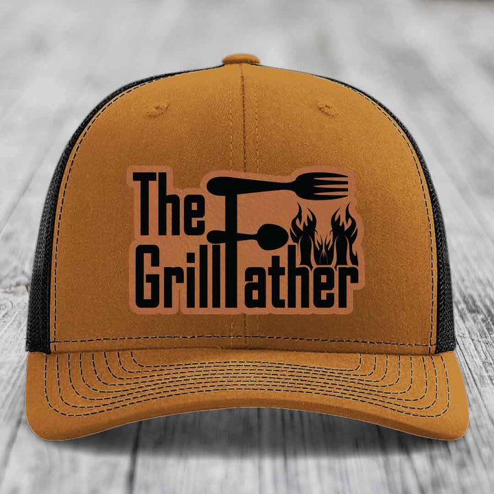 The Grillfather - Leather Patch Hat - Rawhide to Black Patch - Richardson 112 Snapback Trucker Hat