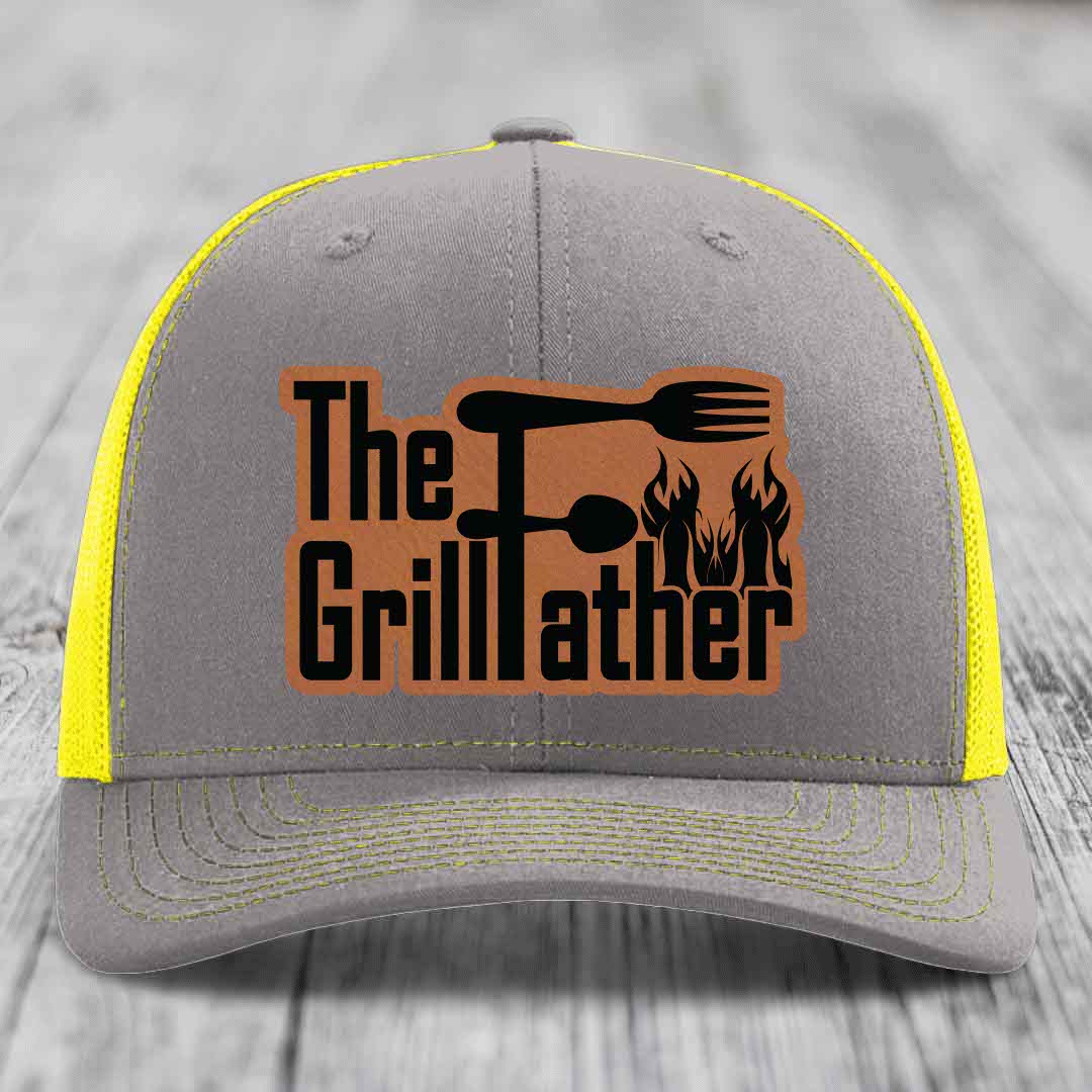 The Grillfather - Leather Patch Hat - Rawhide to Black Patch - Richardson 112 Snapback Trucker Hat