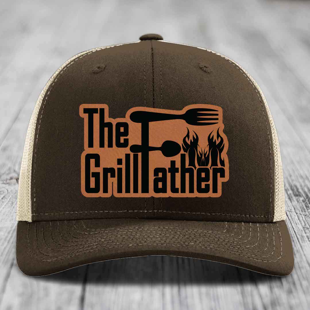 The Grillfather - Leather Patch Hat - Rawhide to Black Patch - Richardson 112 Snapback Trucker Hat