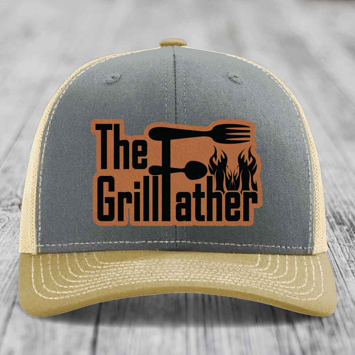 The Grillfather - Leather Patch Hat - Rawhide to Black Patch - Richardson 112 Snapback Trucker Hat