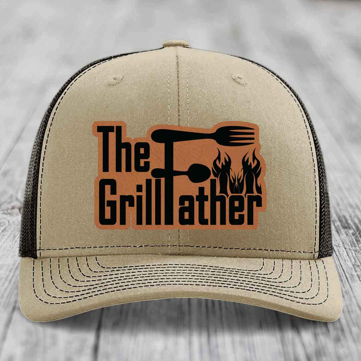 The Grillfather - Leather Patch Hat - Rawhide to Black Patch - Richardson 112 Snapback Trucker Hat