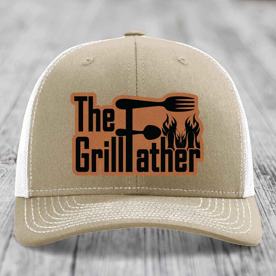 The Grillfather - Leather Patch Hat - Rawhide to Black Patch - Richardson 112 Snapback Trucker Hat