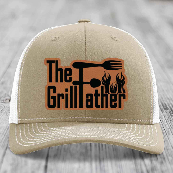 The Grillfather - Leather Patch Hat - Rawhide to Black Patch - Richardson 112 Snapback Trucker Hat
