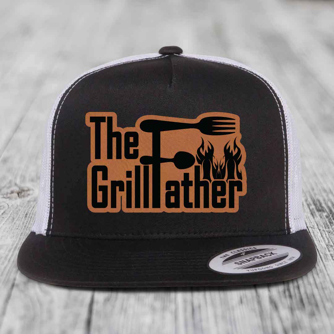 The Grillfather - Leather Patch Hat - Rawhide to Black Patch - Yupoong 6006 Snapback Flatbill Hat