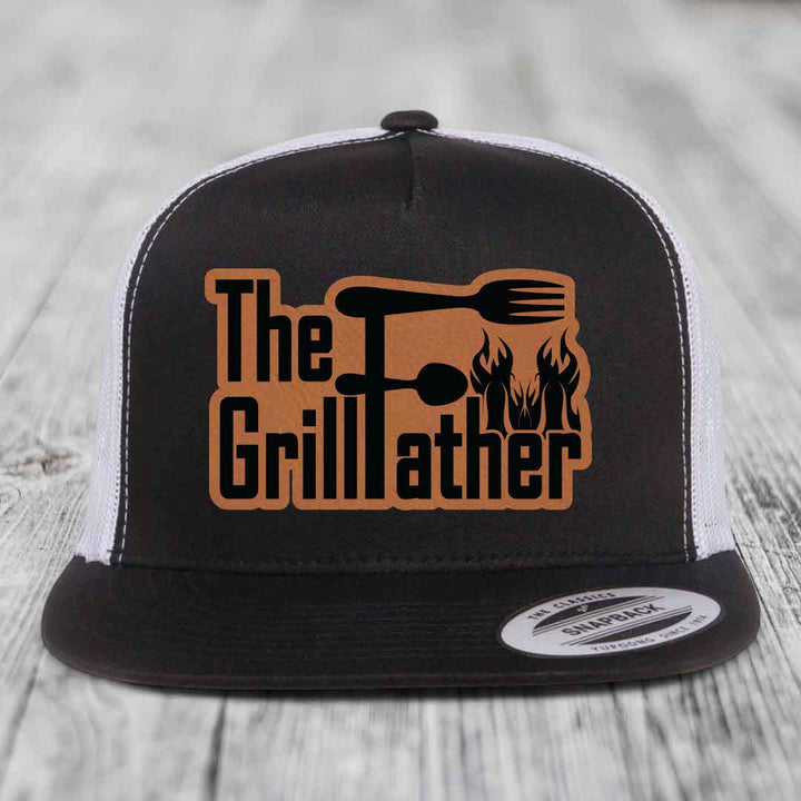 The Grillfather - Leather Patch Hat - Rawhide to Black Patch - Yupoong 6006 Snapback Flatbill Hat