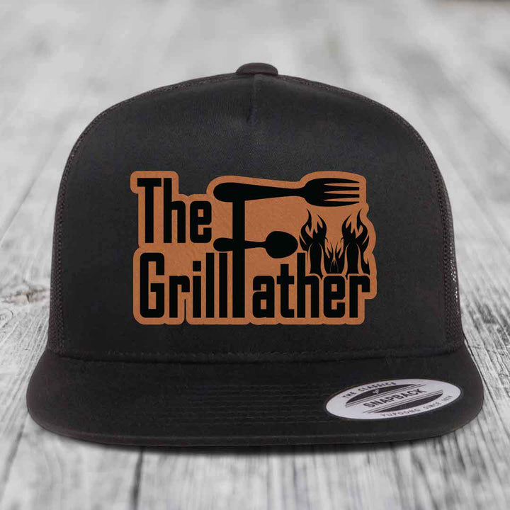 The Grillfather - Leather Patch Hat - Rawhide to Black Patch - Yupoong 6006 Snapback Flatbill Hat