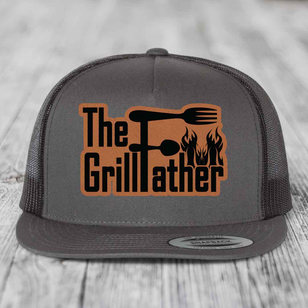 The Grillfather - Leather Patch Hat - Rawhide to Black Patch - Yupoong 6006 Snapback Flatbill Hat