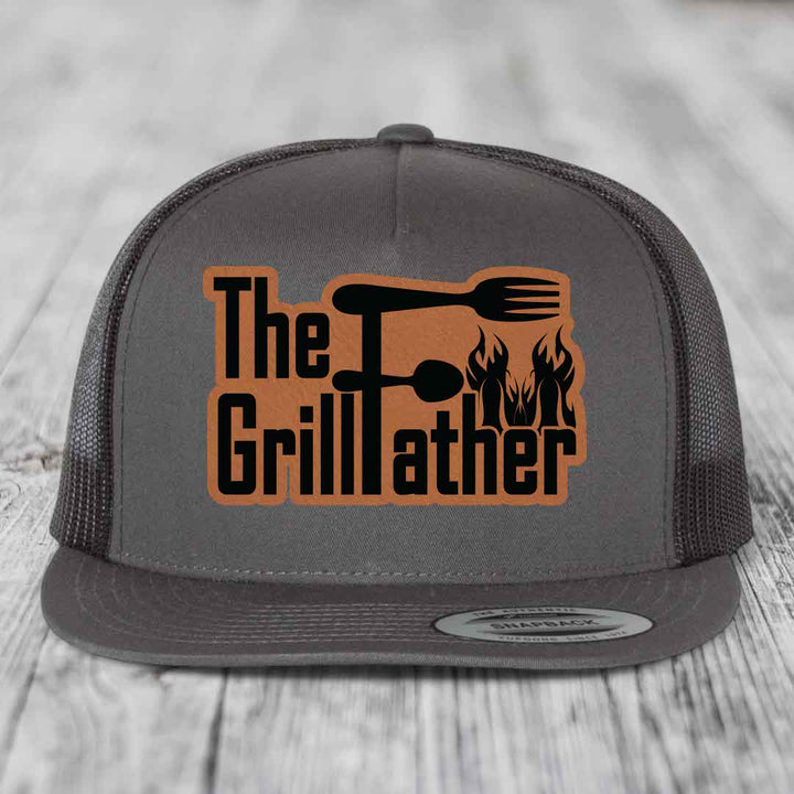 The Grillfather - Leather Patch Hat - Rawhide to Black Patch - Yupoong 6006 Snapback Flatbill Hat