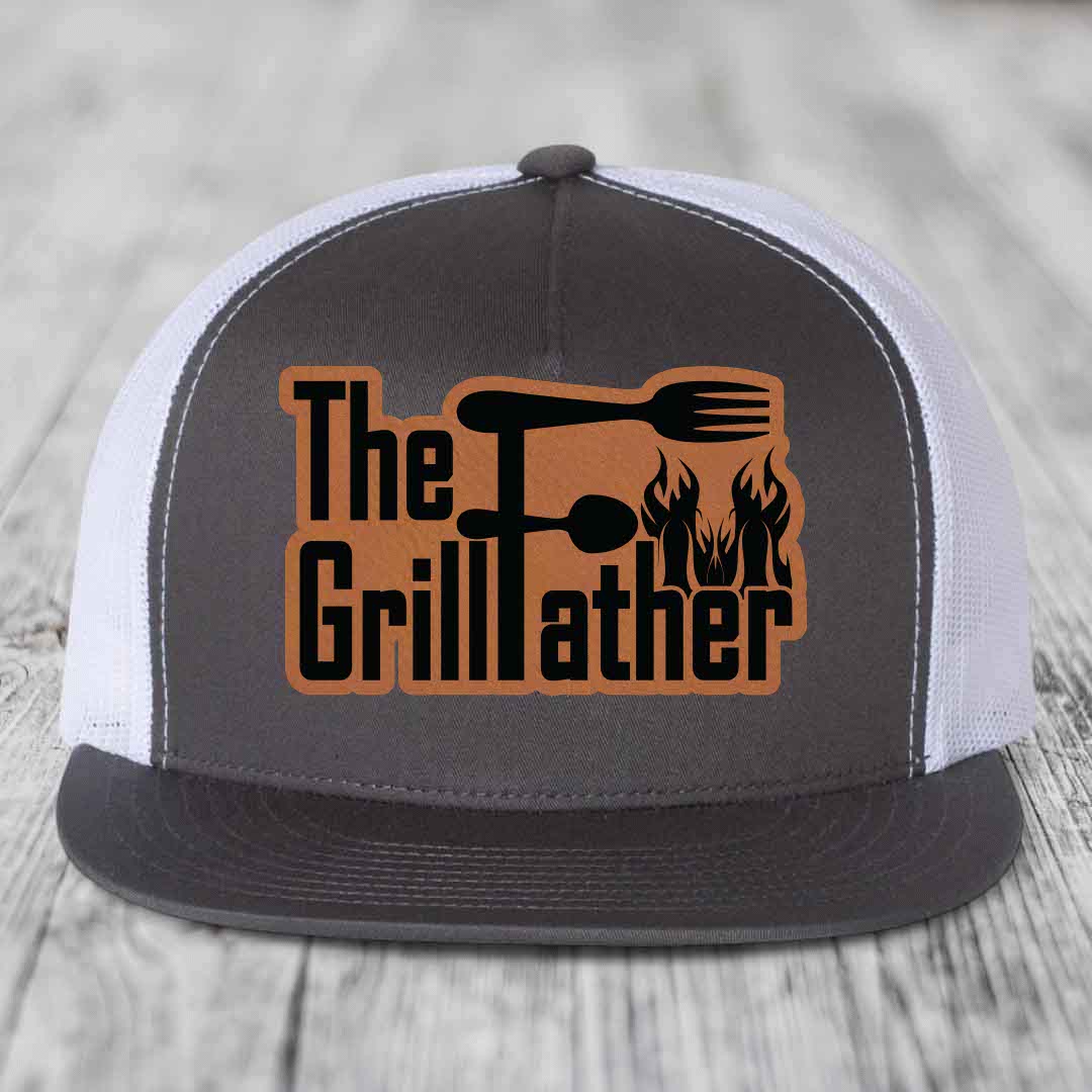 The Grillfather - Leather Patch Hat - Rawhide to Black Patch - Yupoong 6006 Snapback Flatbill Hat