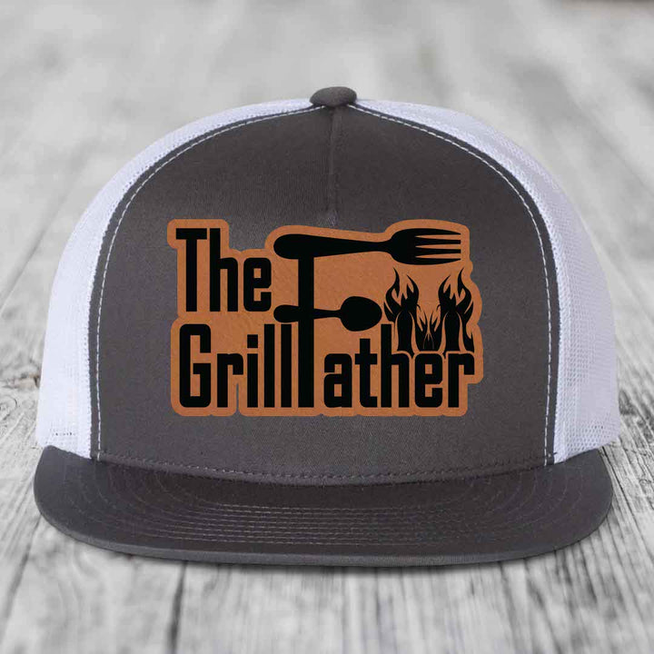 The Grillfather - Leather Patch Hat - Rawhide to Black Patch - Yupoong 6006 Snapback Flatbill Hat
