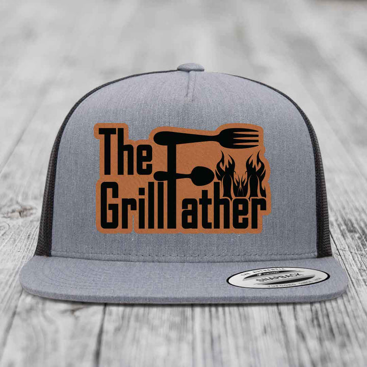 The Grillfather - Leather Patch Hat - Rawhide to Black Patch - Yupoong 6006 Snapback Flatbill Hat
