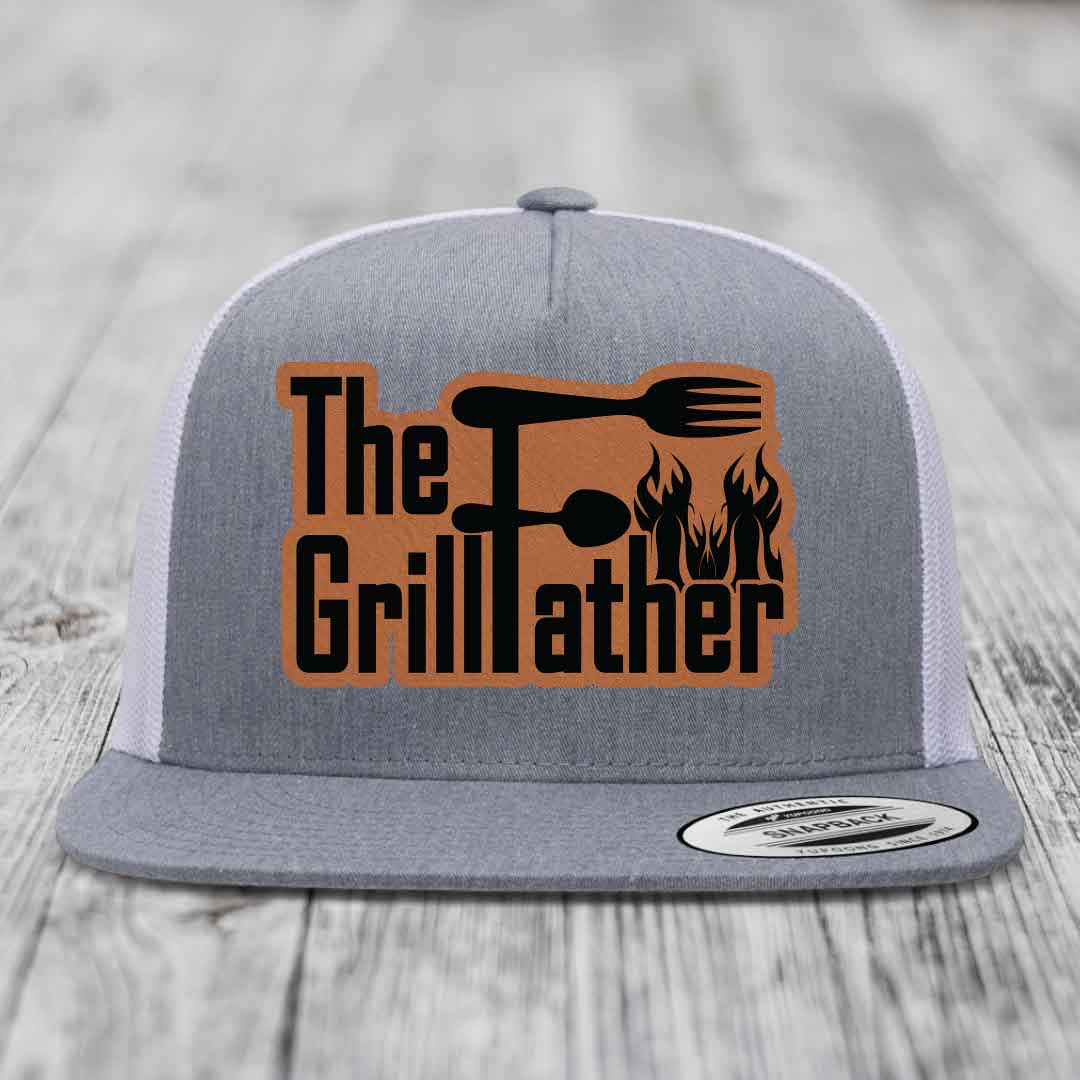 The Grillfather - Leather Patch Hat - Rawhide to Black Patch - Yupoong 6006 Snapback Flatbill Hat