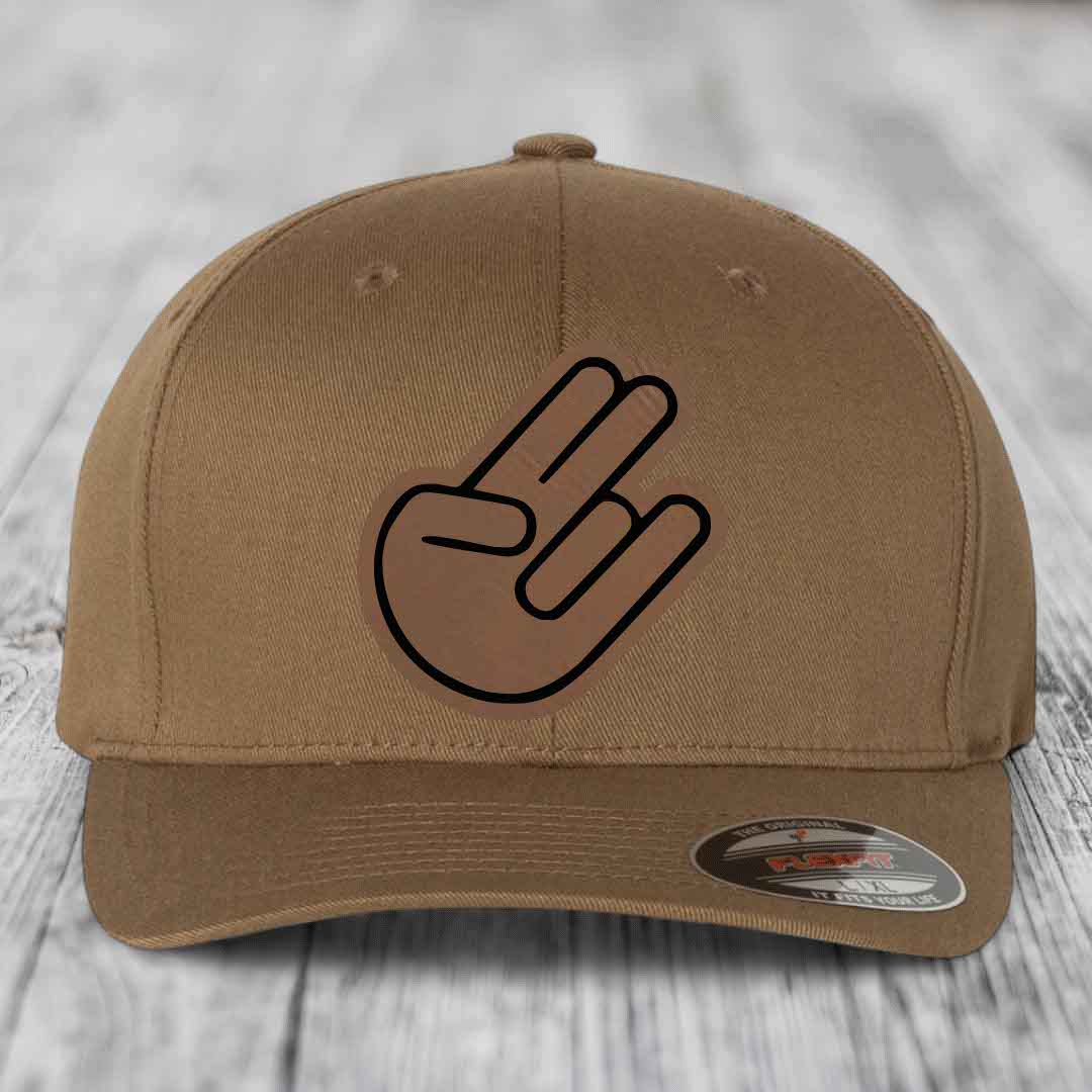 The Shocker - Leather Patch Hat - Dark Brown to Black Patch - Flexfit 6277 Fitted Hat